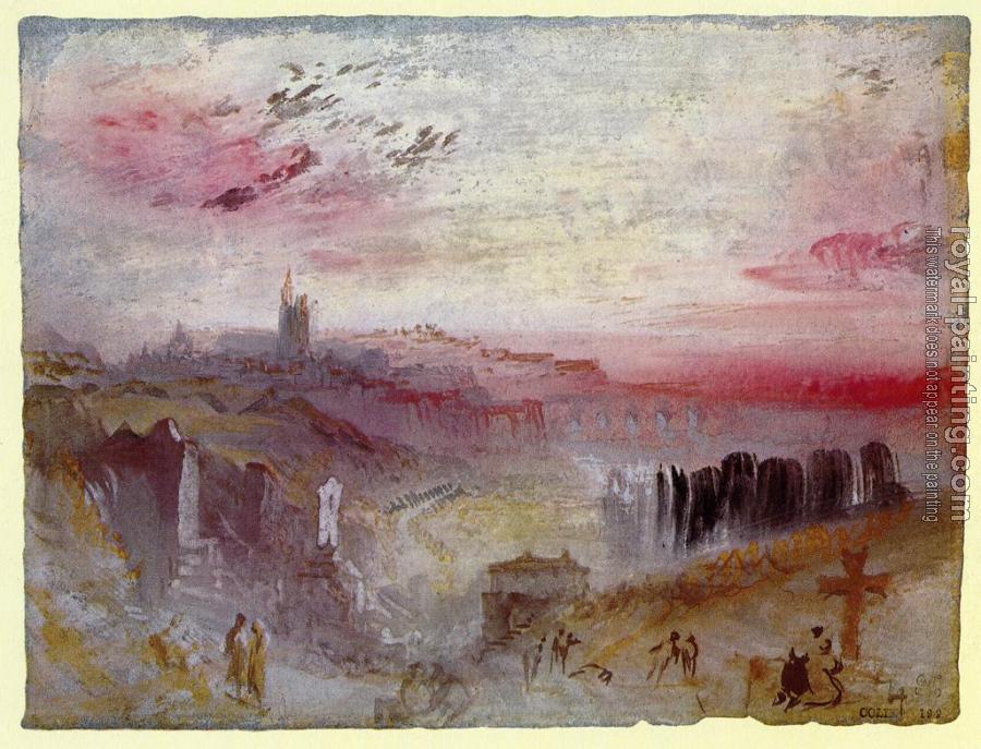 Joseph Mallord William Turner : View over Town at Suset,a Cemetery in the Foreground